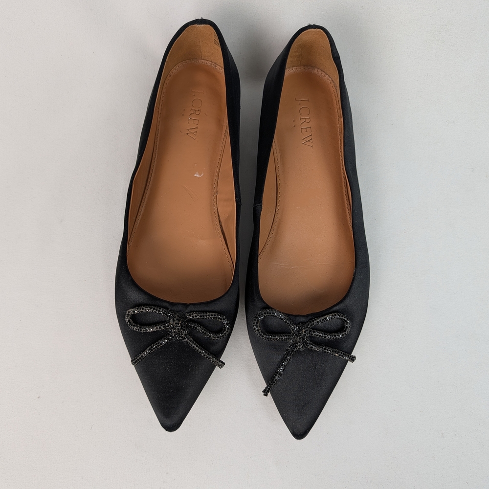 J. Crew Black Satin Pointed Toe Bow Flats - Picture 2 of 13